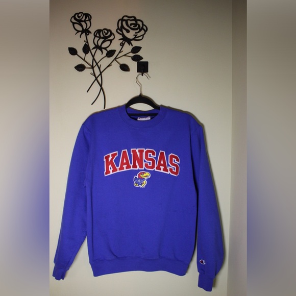 Kansas Jayhawks Mens Sweater Blue Spell Out Crew Neck Pullover Men's Size Small - Picture 1 of 4